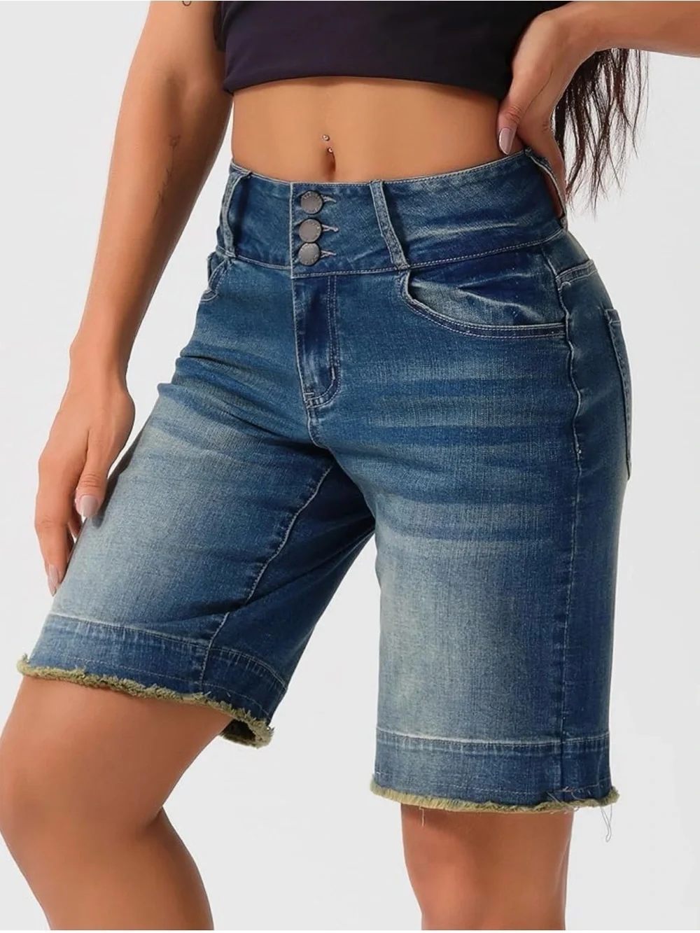 roswear Women's Stretchy Wide Leg High Waisted Frayed Hem Long Jean Shorts Sz XL